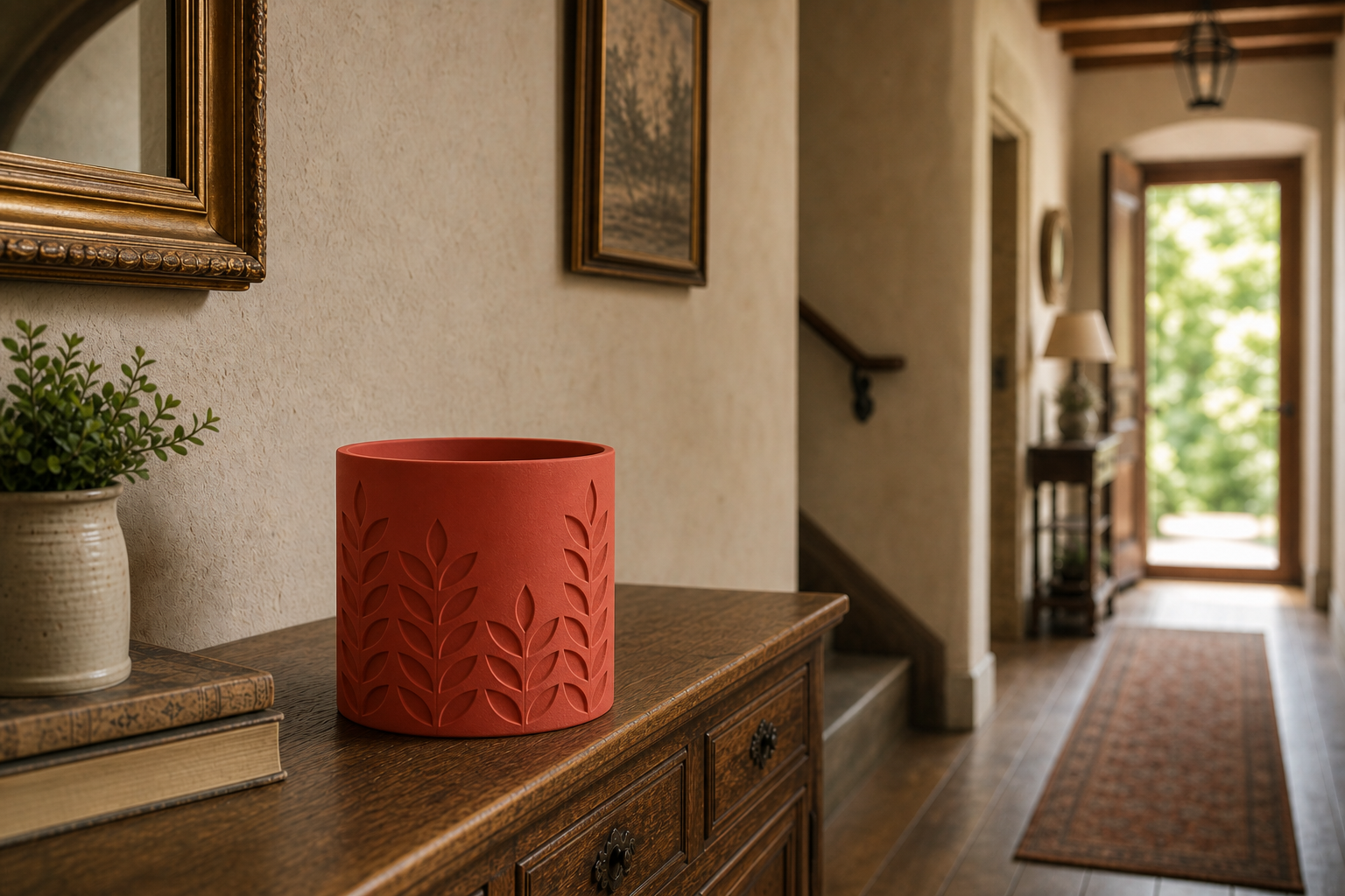 AI lifestylefoto van een mat terracottarood 3D-geprinte plantenpot met tarwe- en bladreliëf op een houten dressoir in een hal
