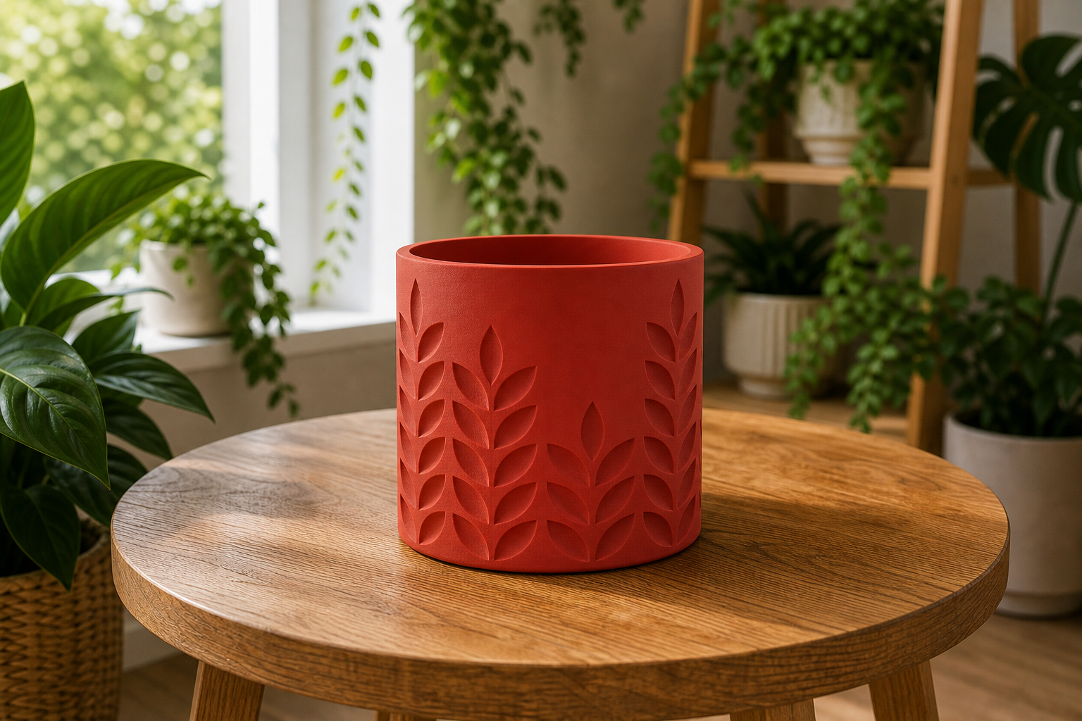 AI lifestylefoto van een mat terracottarood 3D-geprinte plantenpot met tarwe- en bladreliëf in een groene plantenhoek