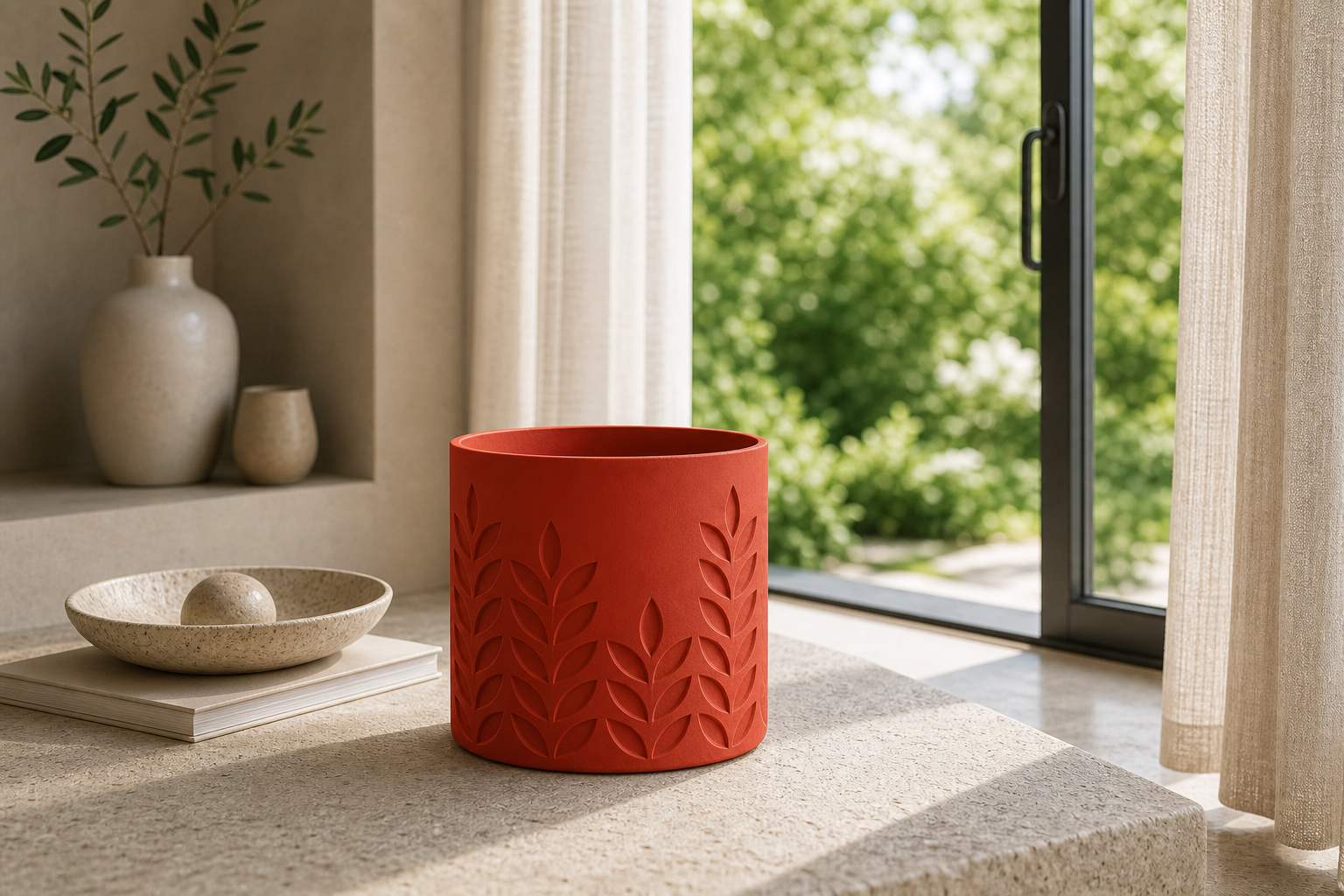 AI lifestylefoto van een mat terracottarood 3D-geprinte plantenpot met tarwe- en bladreliëf bij een raam met zicht op de tuin