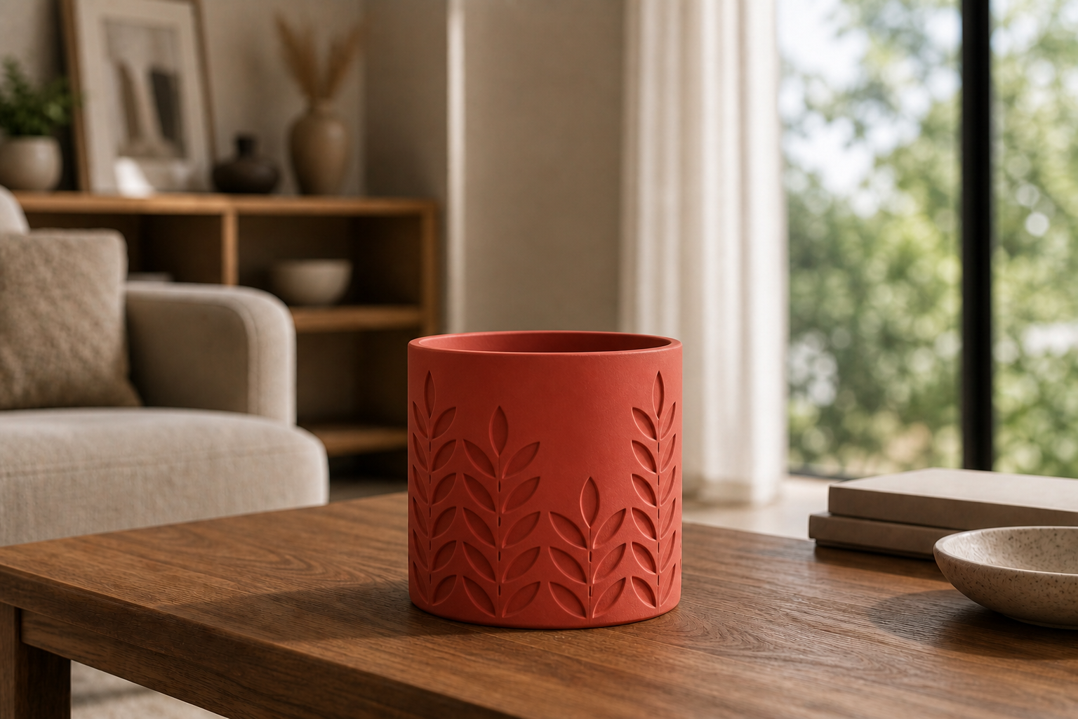 AI lifestylefoto van een mat terracottarood 3D-geprinte plantenpot met tarwe- en bladreliëf op een salontafel in een moderne woonkamer