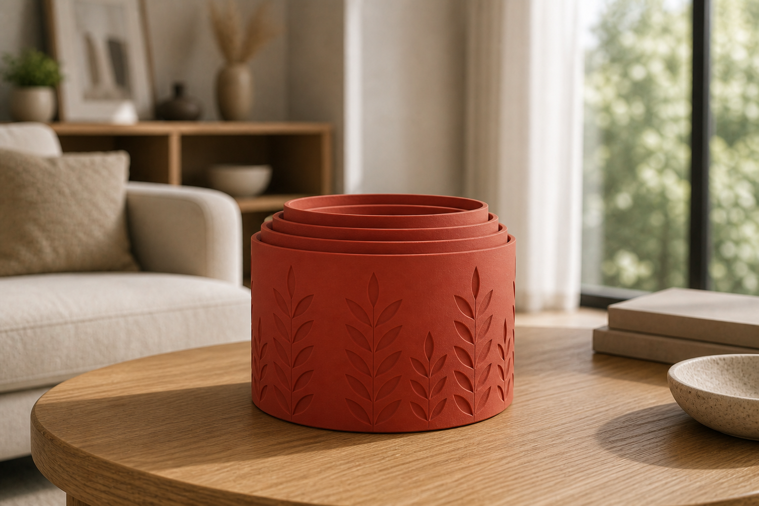 AI productfoto van een nestbare kit van vijf mat terracottarode 3D-geprinte plantenpotten met tarwe- en bladrelief