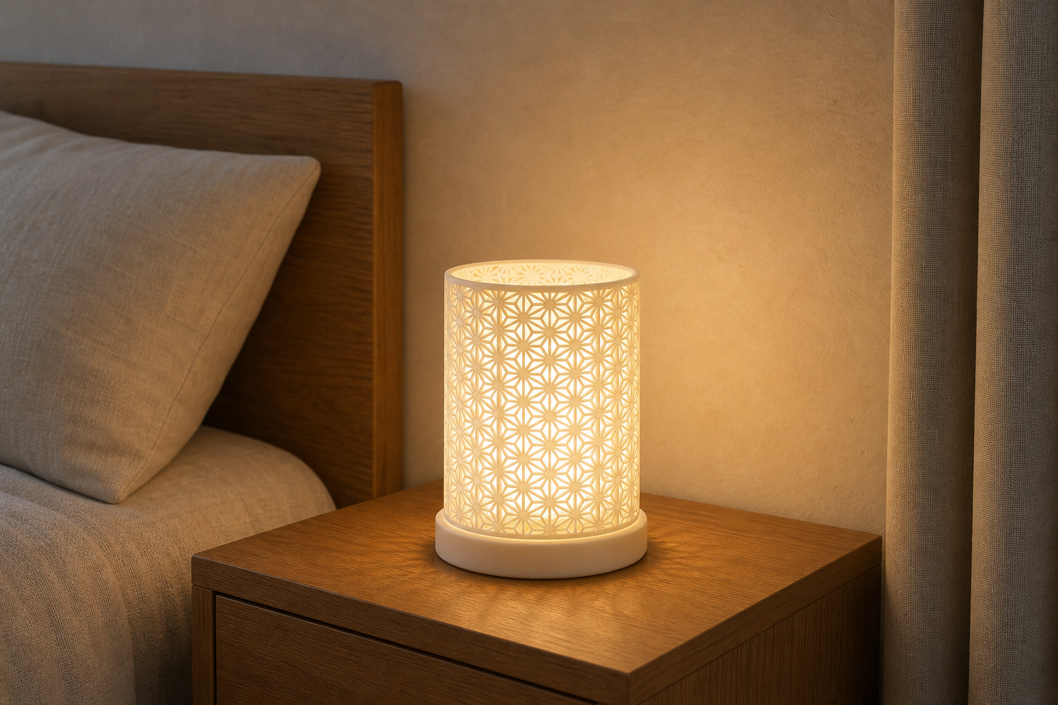 AI productfoto van de SpotOn3D Kumiko LED Medium met correcte compacte verhouding en warm LED-licht