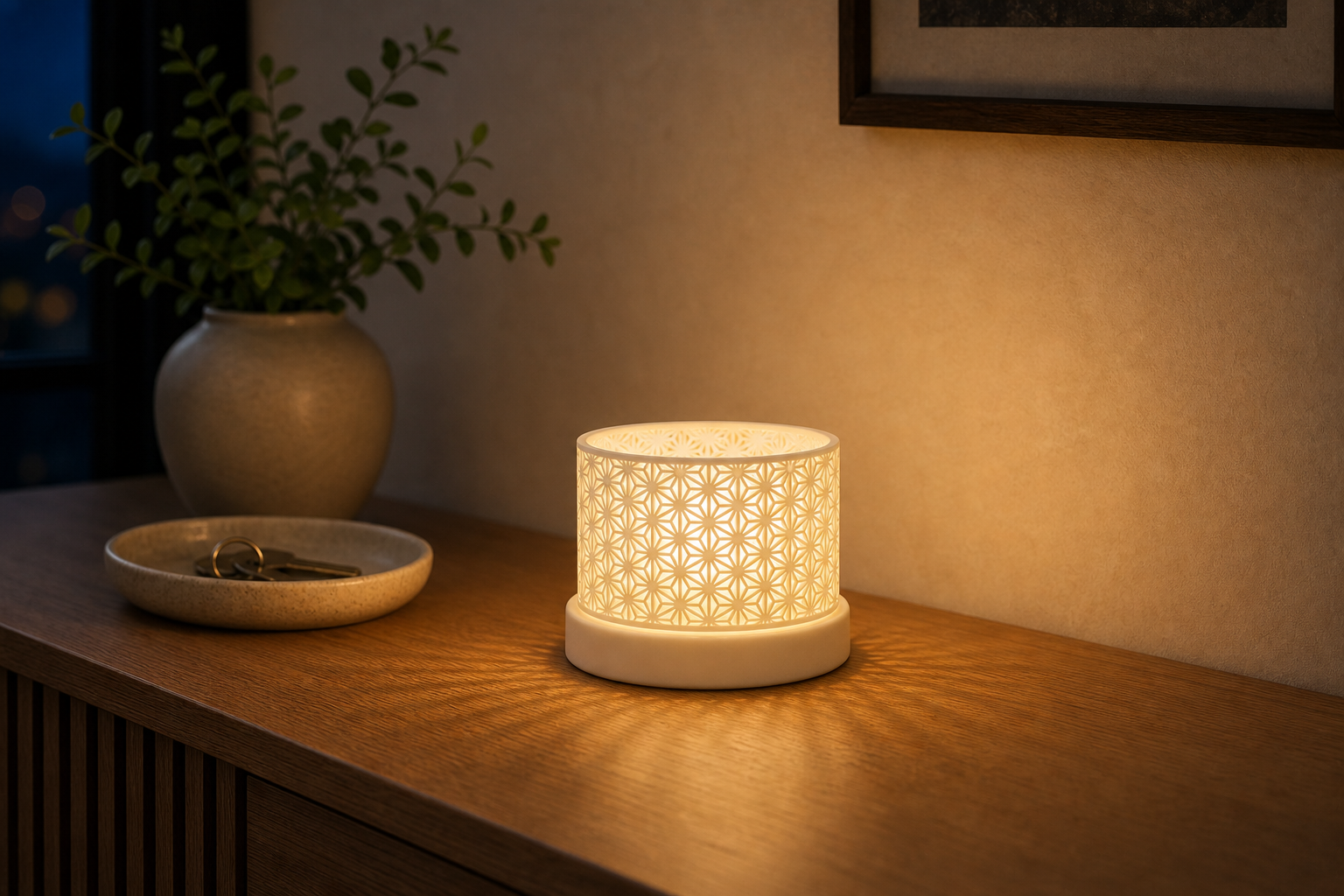 AI productfoto van de SpotOn3D Kumiko LED Small met lage brede kap en warm LED-licht op een console in de hal