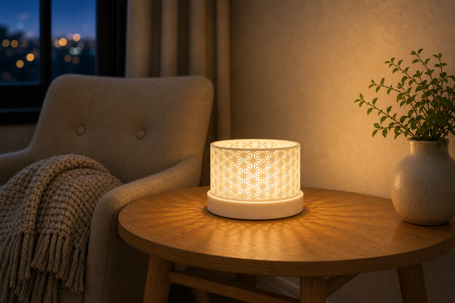 AI productfoto van de SpotOn3D Kumiko LED Small als lage Kumiko-lamp met ronde base in een leeshoek