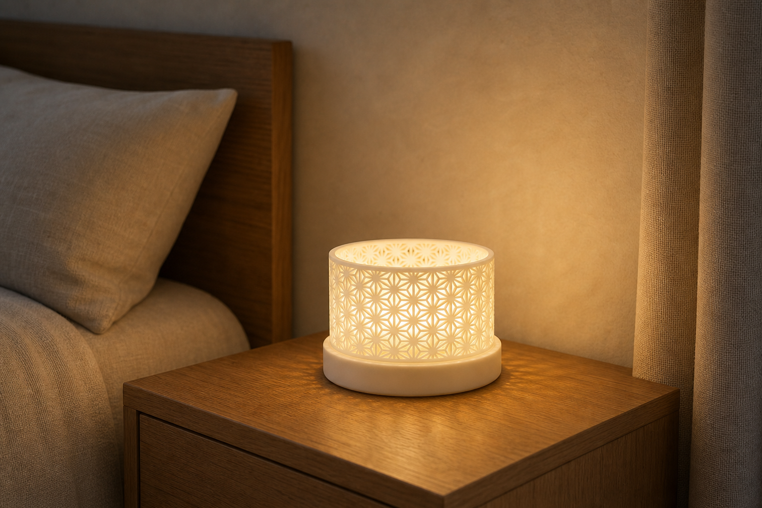 AI productfoto van de SpotOn3D Kumiko LED Small met lage brede kap, ronde base en warm LED-licht op een nachtkastje