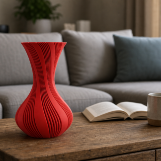 AI lifestylefoto correcte vorm - geribbelde vaas PLA Matte Scharlakenrood
