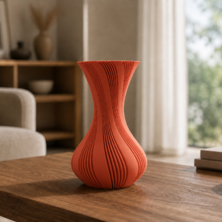 Terracotta geribbelde 3D-geprinte vaas op een houten salontafel in een moderne woonkamer