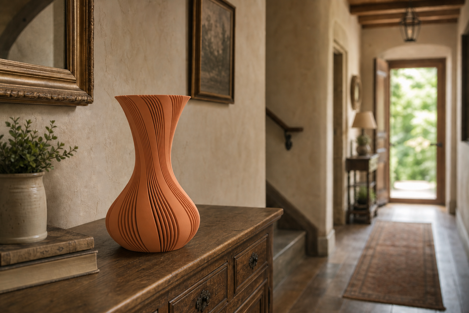 Terracotta geribbelde 3D-geprinte vaas op een houten dressoir in de hal van een landhuis